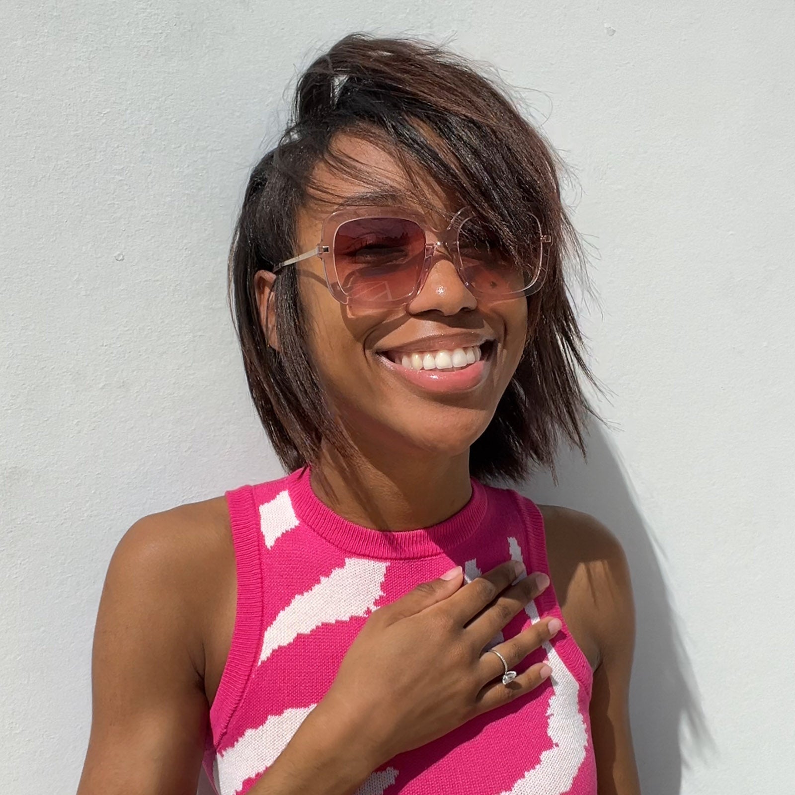 SANDRA - LIGHT PINK CRYSTAL + DUSK GRADIENT SUNGLASSES - Image 12